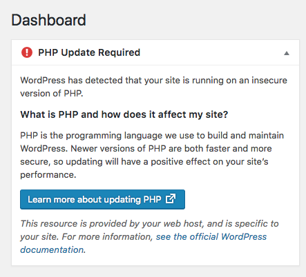 دریافت “هشدار قدیمی بودن نسخه PHP هاست” در وردپرس 5.1